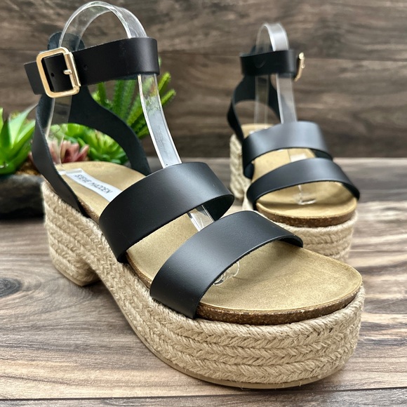 NIB Steve Madden Kelton Espadrille Platform Ankle Strap Sandal Black Leather 8 - Picture 4 of 13